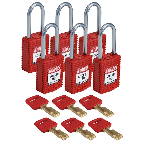Padlock, Keyed Different, Nylon, Red, 6 PK